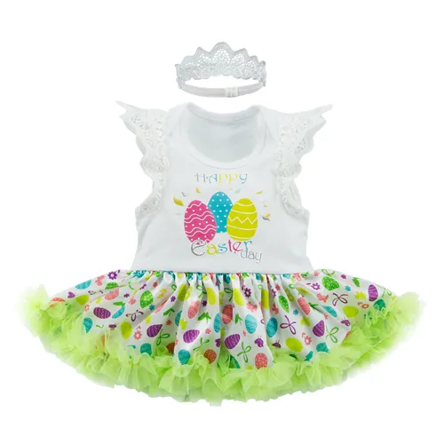 2018 Día de Pascua Vestidos para recién nacidos Niñas bebés Verde claro Bordado exquisito Top de encaje Patrón de huevos coloridos Vestido de mono + Corona 2Set Ropa