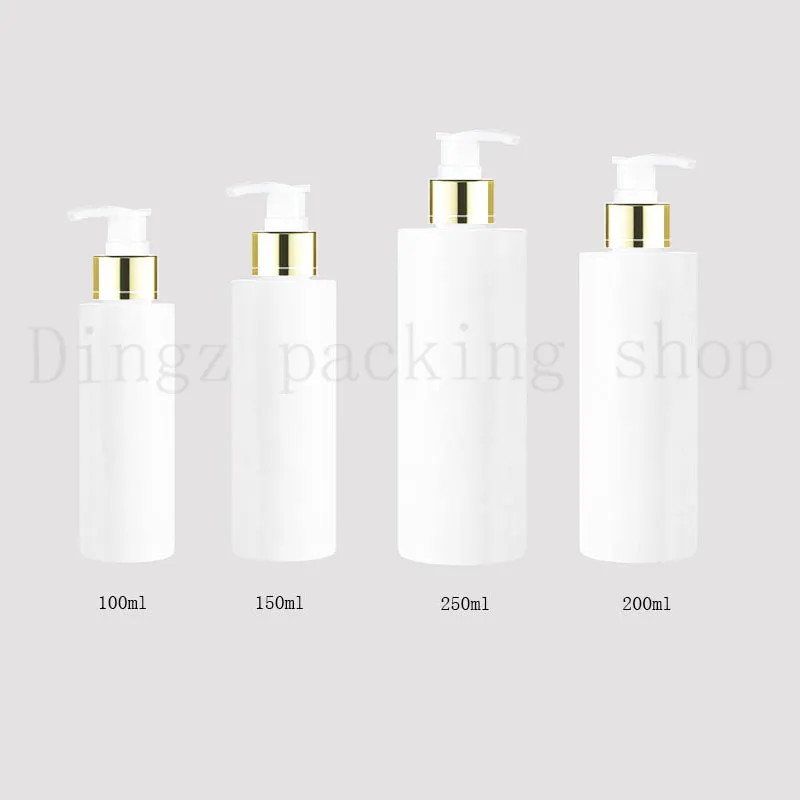 30st 100 / 150/200 / 250ml Travel White Cosmetic Lotion Pump Plastflaskor, Tom Kosmetisk Förpackning Guldkrage Pump, Shampoo Flaskpump