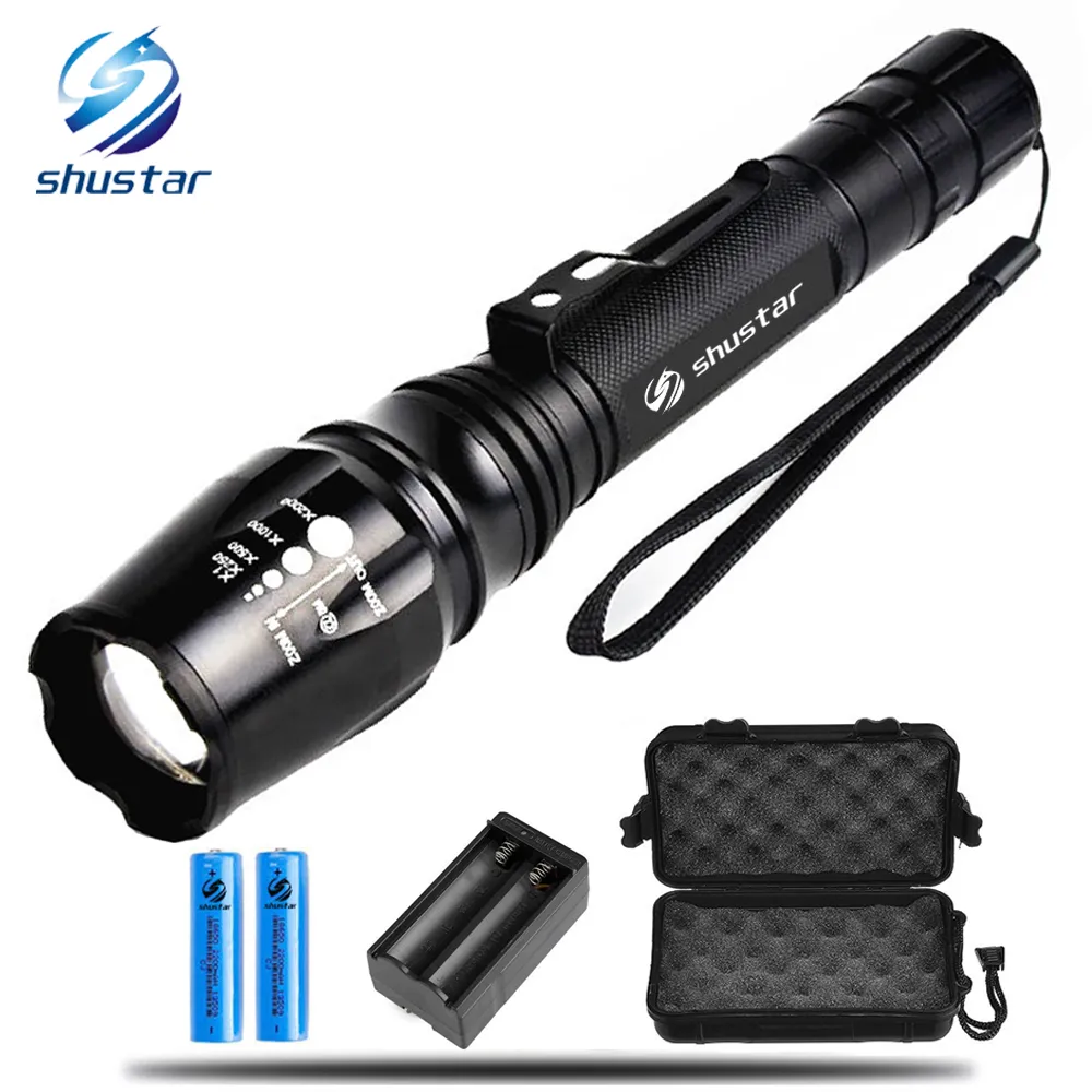 Shustar LED Ultra Bright torch XML-T6 XM-L2 LED Flashlight 5 lighting Modes 8000 lumens Zoom LED torch + charger use 18650 battery