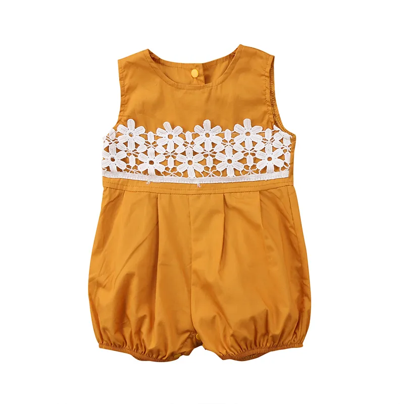 Lindo recém-nascido roupas de bebê meninas Romper Amarelo Outfits verão sem mangas Lace Romper macacão Sunsuit roupa do bebê da criança roupas 0-24M