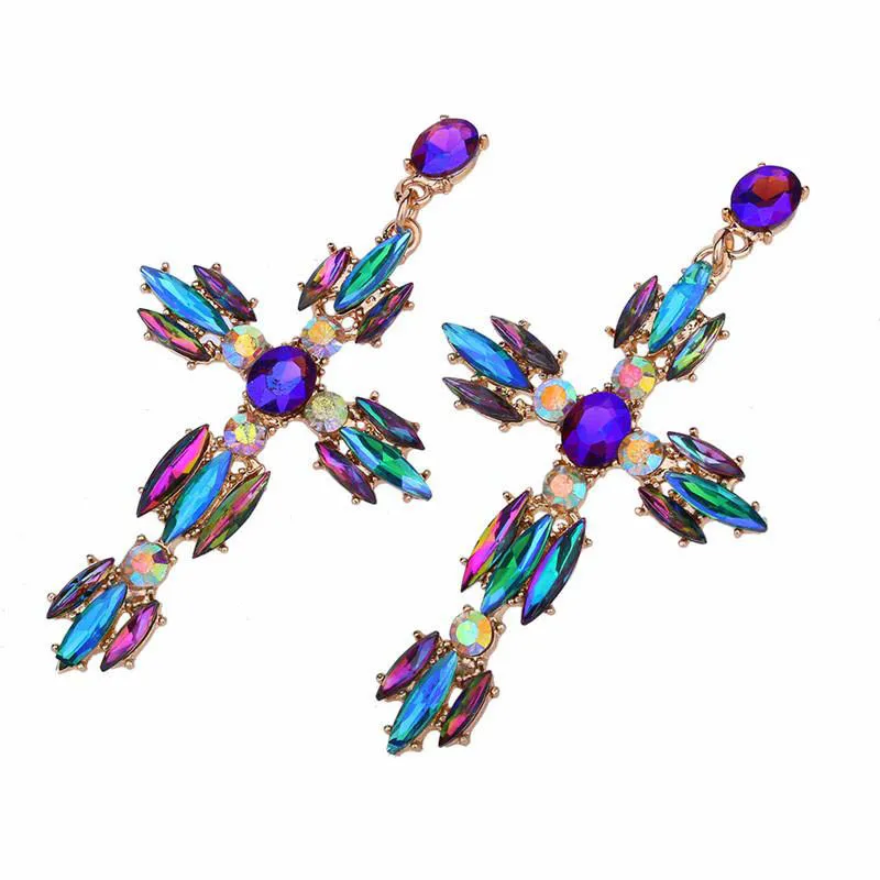 Bohemian Vintage Crystal Cross Drop Earrings for Women Baroque Large Long Earrings Jewelry Brincos