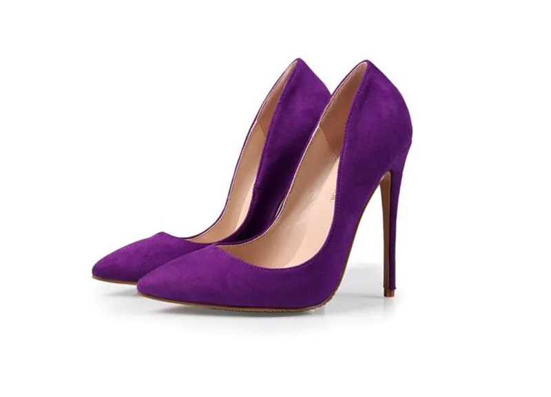 Бесплатная доставка реальные фото натуральная кожа леди фиолетовый замша точка носок леди туфли на каблуках насос размер 33-43 женские каблуки свадьба 12 см 10 см 8 см