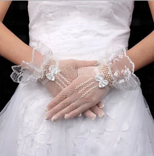 Kurze Hochzeits-Brauthandschuhe mit Schleifenknoten, Netz-Spitze-Dekoration, ultraelastische gestrickte schwarze weiße schwarze Handschuhe