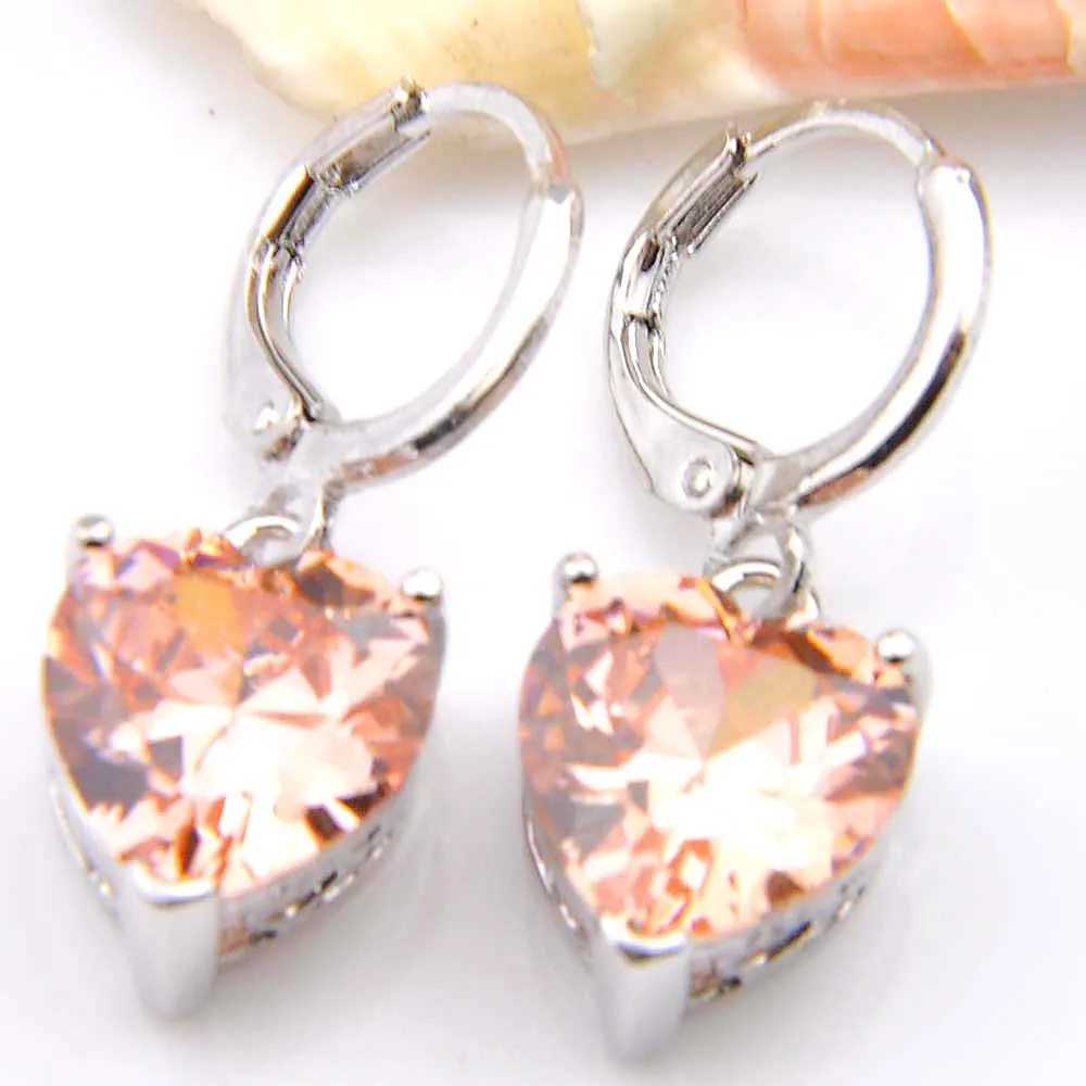 10prs Luckyshine Fashion Shine Heart Fire Morganite Cubic Zirconia Clear Silver Dangle Kolczyki na świąteczne przyjęcie weselne3456