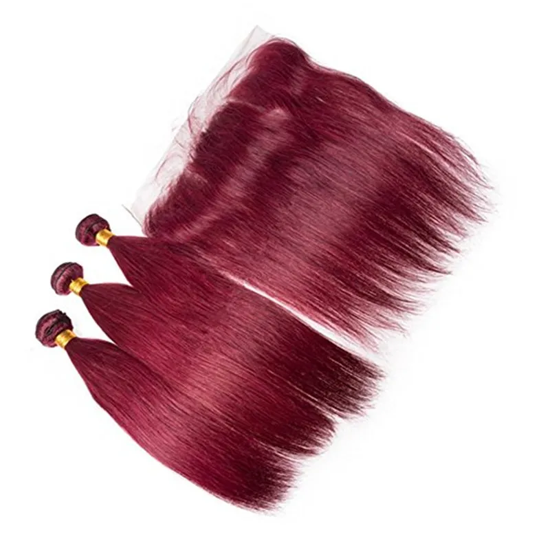 Brasilianskt vin Rött humant hår 3 buntar handlar om frontal rak # 99J Burgundy Red Hair Weave buntar med 13x4 full spets frontlin