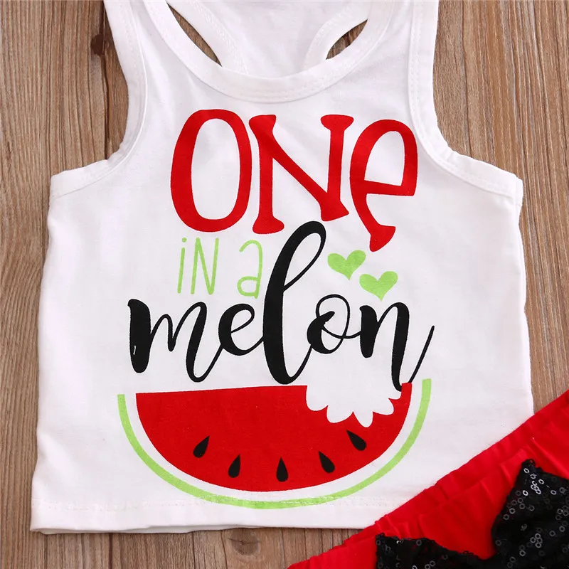 2018 Summer Newborn Baby Girl Clothes Watermelon Vest Sleeveless T-shirt Tank Tops +Sequins Bow Shorts Baby Outfits Children Clothing