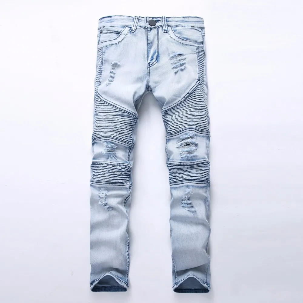 BIKER JEANS locomotive fold foot hole elastic JEANS men cultivate one s morality pants pants junior high street