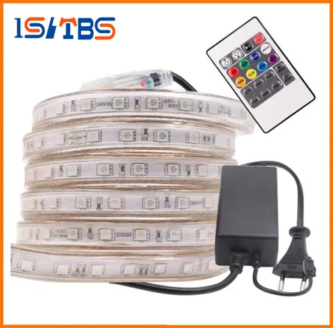 Taglio GRATUITO 10M-50M 110V/220V SMD 5050 RGB ad alta tensione Strisce LED Luci impermeabili + telecomando IR + alimentatore