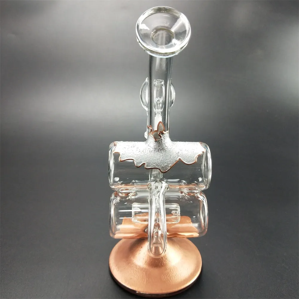 Bong en verre plaqué or Narguilé Bébé Double baril Recycleur Tuyau d'eau de vapeur S Plates-formes pétrolières Turbine Perc Bongs