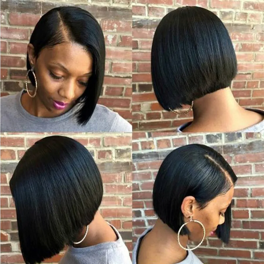 short bob lace front human hair wigs 14inch 150% density brazilian straight remy hair for black women perruques de cheveux humains