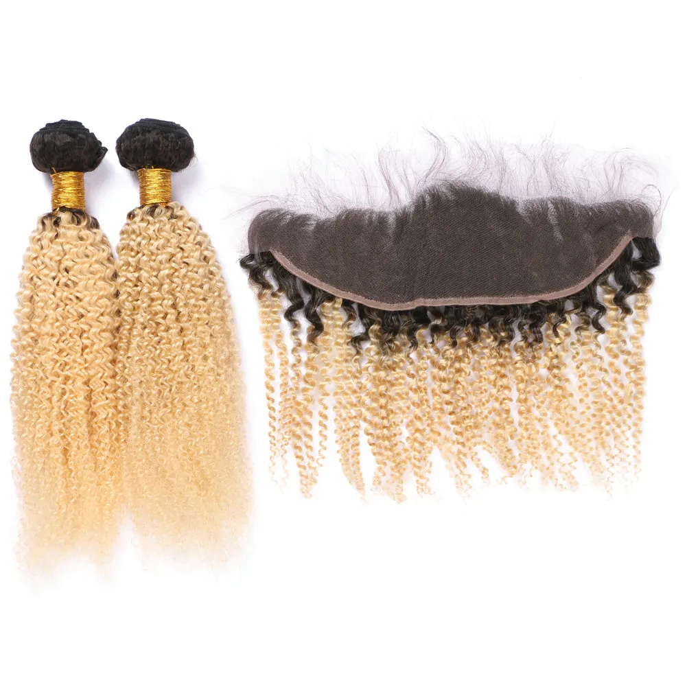 Brésilien Blonde Ombre Vierge Cheveux Humains 2Pcs Offres Bundles avec Frontal Kinky Curly 1B / 613 Ombre 13x4 Fermeture frontale en dentelle avec tissages