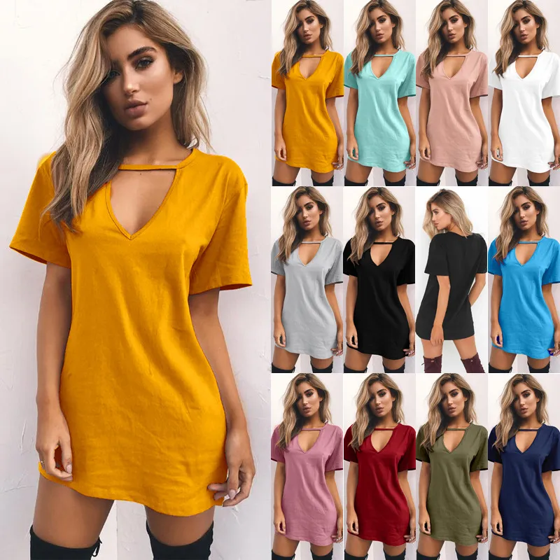 11 farbe Sexy Frauen Kleidung Neue Mode T Shirt Solide V-ausschnitt T Shirt Sommer Casual Kurzarm Lange Top T