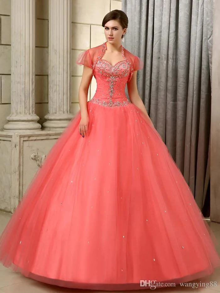 Coral Puffy 2018 Cheap Quinceanera Dresses Ball Gown Sweetheart Tulle Beaded Crystals Sweet 16 Dresses
