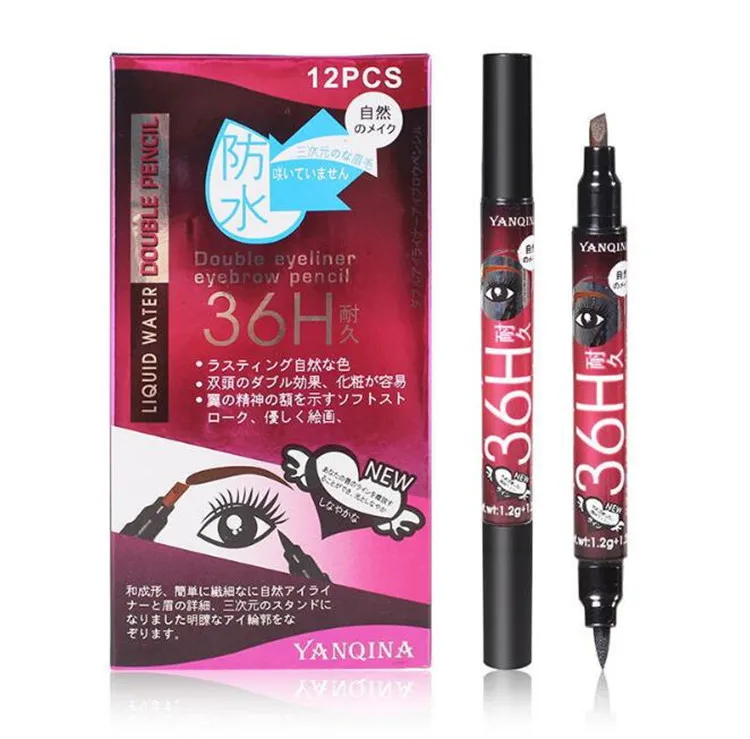 NEW Hot Makeup YANQINA 36H double Eyeliner Pencil 2 in 1 Waterproof Eyeliner Pen Eyebrow+Liquid Eye liner 3colors DHL shipping