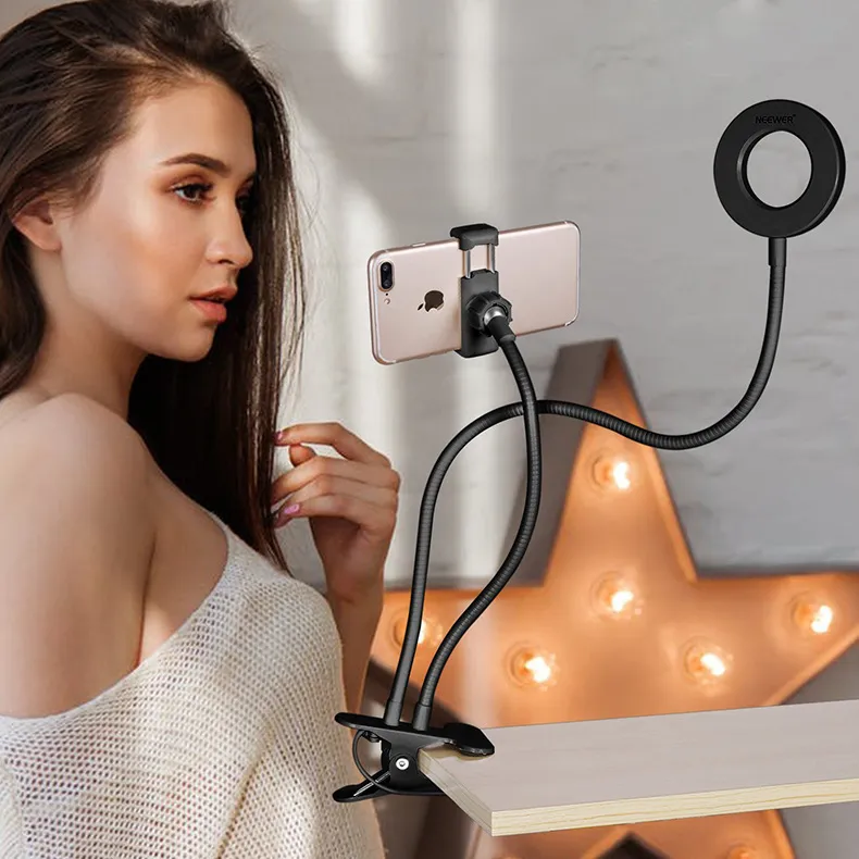Ny ankomst USB Power LED Selfie Ring Light med Mobiltelefon Klipphållare Lazy Bracket Skrivbord för iPhone Samsung