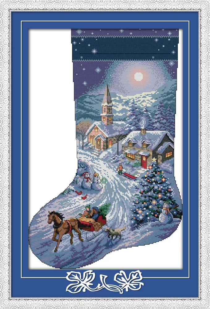 Calza di Natale Dipinti di decorazioni per la casa di Babbo Natale, Ricamo a punto croce fatto a mano Set di cucito contato stampa su tela DMC 14CT / 11CT