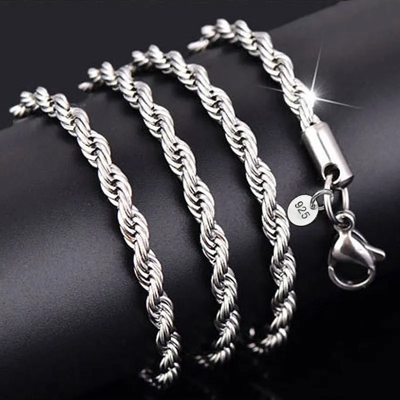 Mode 4mm 925 Sterling Silver Plated Rope Chain Halsband Sparklingsmycken6093874