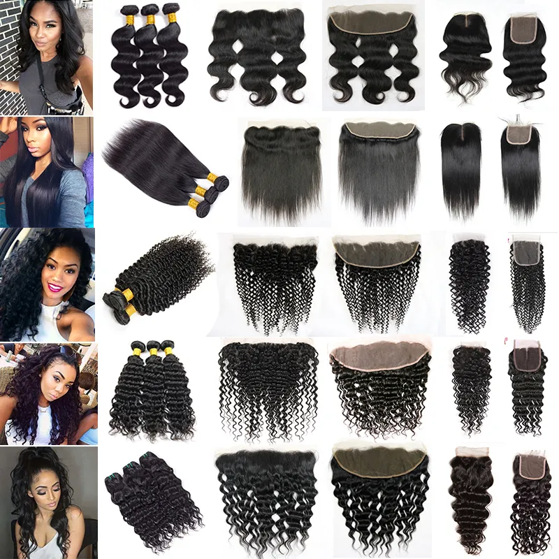 30 36 Inches Human Remy Hair Bundles With Lace Frontal Closure Straight Body Deep Water Loose Wave Jerry Kinky Curly Brazilian Virgin 3 4 Weave Weft Extension 10A Grade