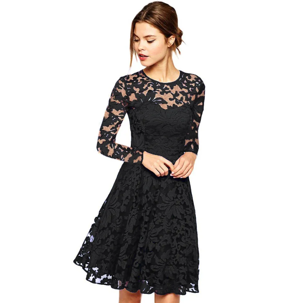 Hot Sale Women Lace Dress Spring Vintage O Neck Slim Sexig Pin Up Rockabilly Vestidos Party Black Office Work Robe Femme