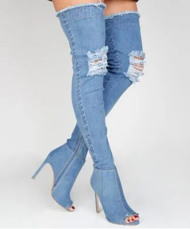 2018 denim jeans peep toe kvinnor lår höga stövlar sexiga cutout höga klackar gladiator sandaler sommar stövlar över knä motorcykel stövlar