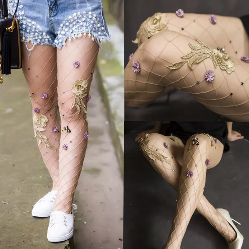 新しいスタイルのセクシーな女性ストッキング中空の網タイツ刺繍花パンストレディース花網タイツクラブパーティー