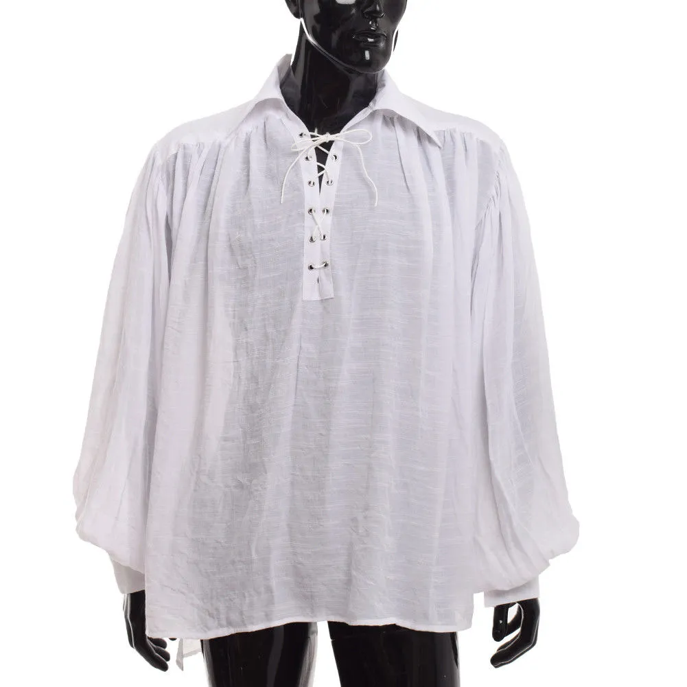 Vintage Renaissance Men Middeleeuwse shirt dichter Piraten Kostuum Vampire Colonial Gothic Lace-Up White Black Tops XS-XL