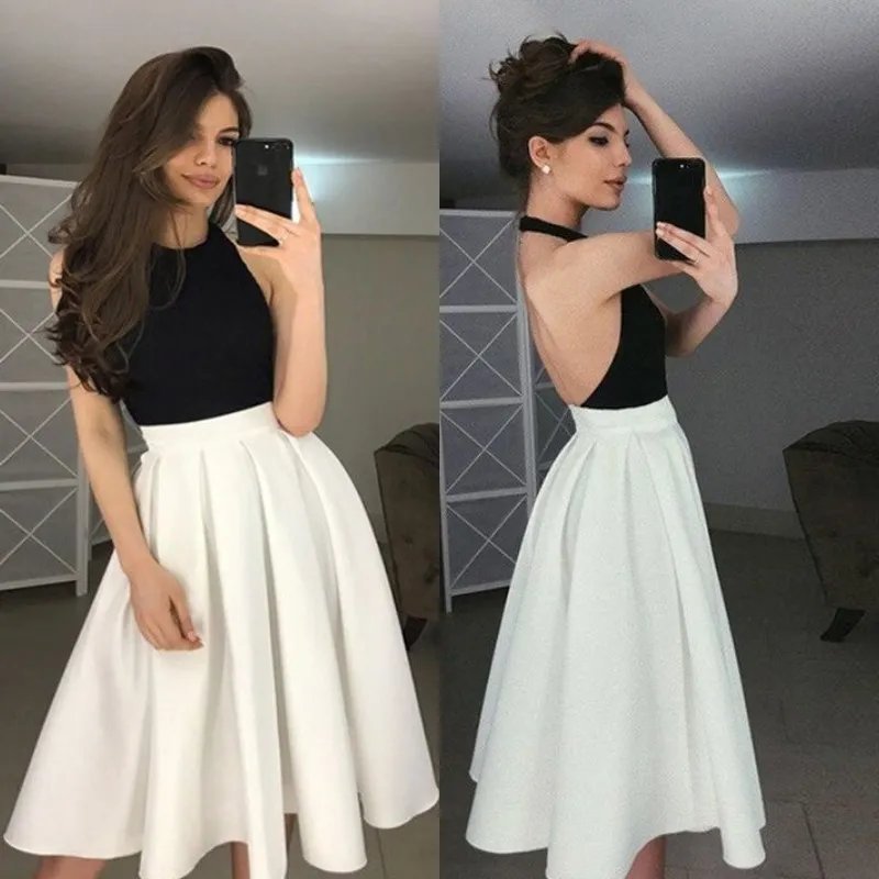 Stylish Black White Homecoming Dresses Sexy Halter Neck Open Backless Knee Length Party Dresses Custom Made A-Line Short Prom Dresses