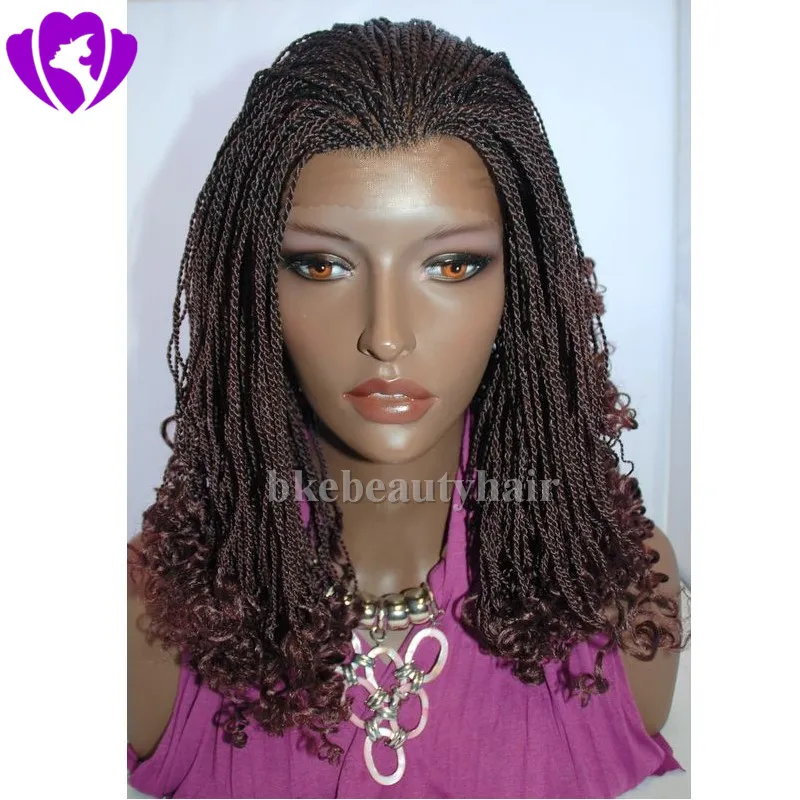 New short african americans burgundy color synthetic braids lace front wigs full kinky twist hand braided wig tip curly