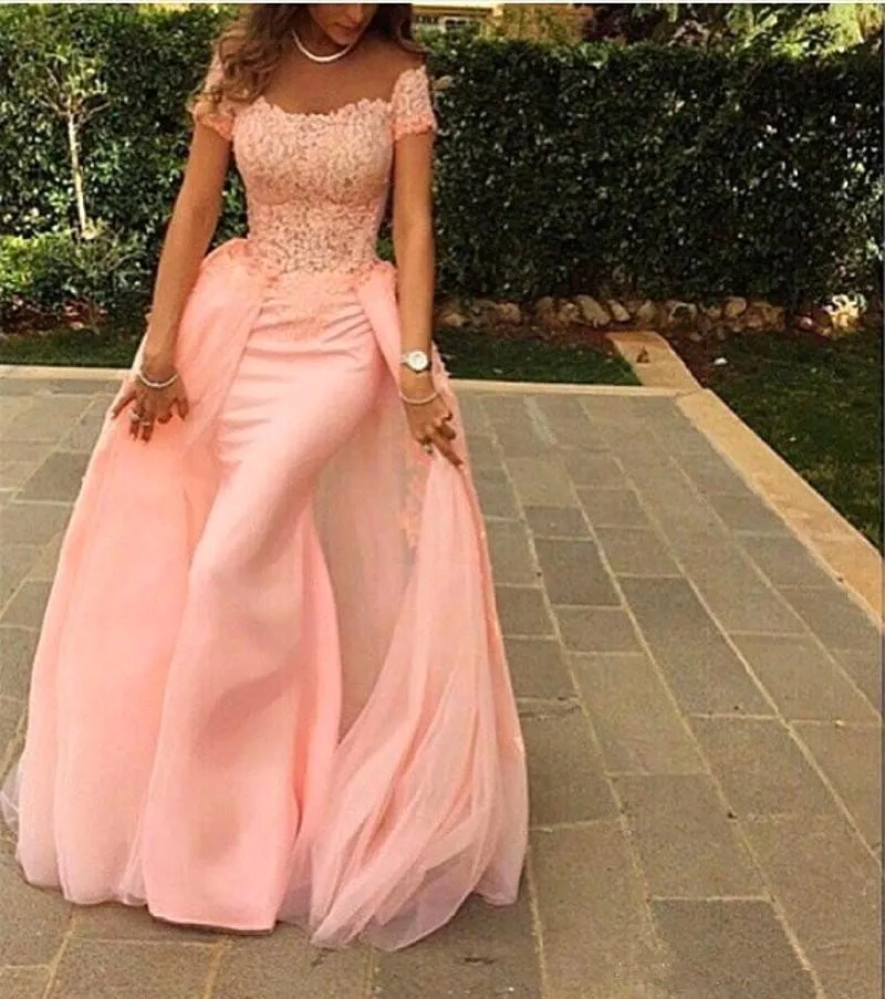 Elegant Arabic Off The Shoulder Satin Mermaid Evening Dresses With Over Skirts Lace Applique Formal Party Evening Gowns Wear