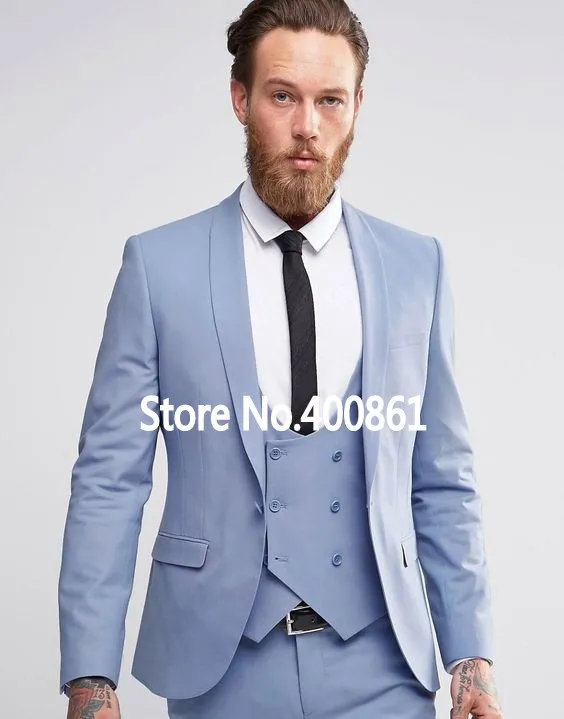 Classic Style One Button Light Blue Groom Tuxedos Sjal Lapel Groomsmen Bästa Man Blazer Mens Bröllopsdrag (Jacka + Byxor + Vest + Tie) H: 658