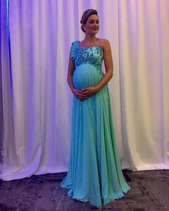 2019 Cheap Chiffon Maternity Prom Dresses Applique Sequins One Shoulder Empire Long Formal Evening Gowns For Pregnant Women1020926