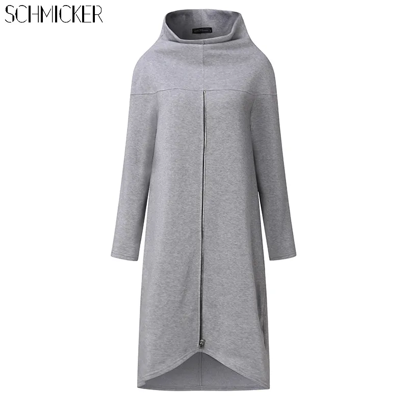 Schmicker Tunic Long Sweatshirt Kvinnor Turtleneck Långärmad Zipper Upp Lösa toppar Pullovers Irregualr Sweat Shirt Robe Plus