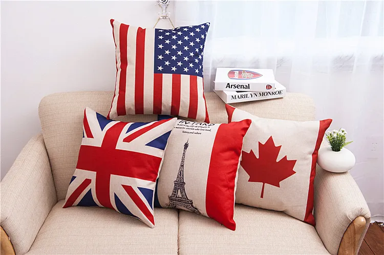 45x45cm New English Usa Pillow Case Cushion Case French Country Flag Paris Pillowcases Sofa 18X18 Cotton Linen Lumbar Support Almofada