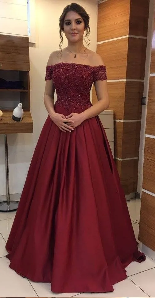 Elegant Wine Red Off shoulder Evening Formal Dresses Long Cheap With Short Sleeves Applique Lace Sequin Satin A line Prom Pageant Dress Gown