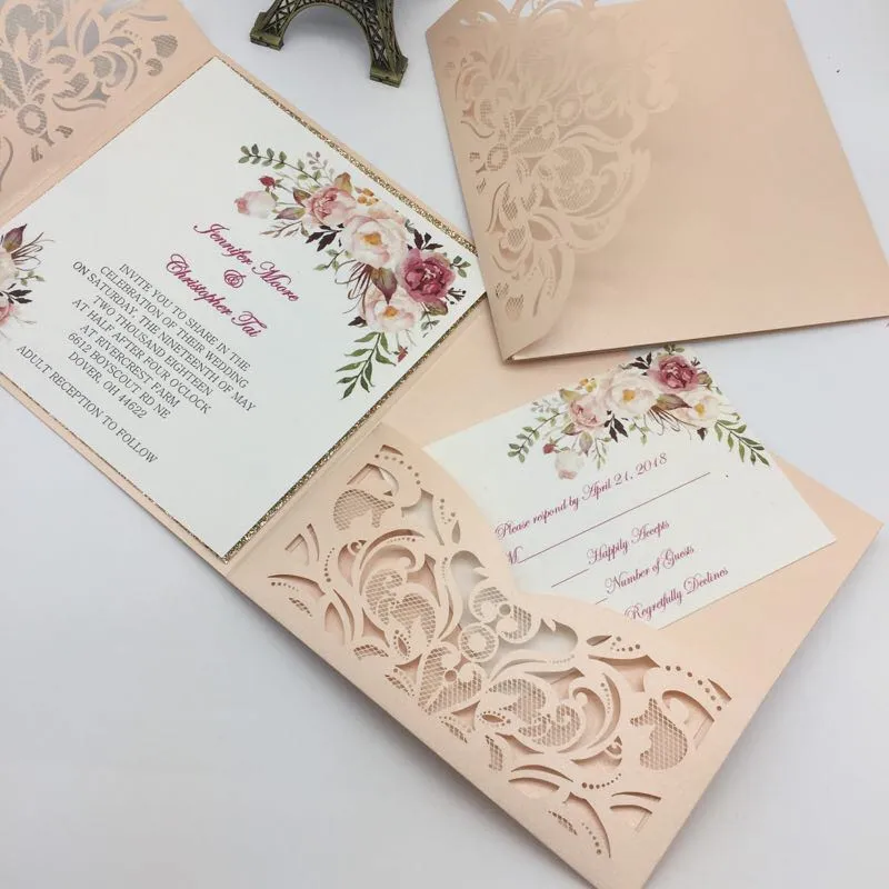 Cartes d'invitation de mariage découpées au Laser, uniques, de haute qualité, personnalisées, à fleurs creuses, bon marché, 2020