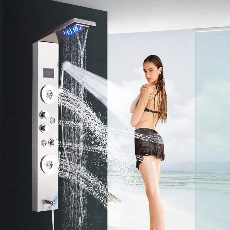 Brushed Nickel Stainless Steel 5-function Waterfall LED Rain Shower Panel W Massage System Tub Spout W Handshower Shower Column252e