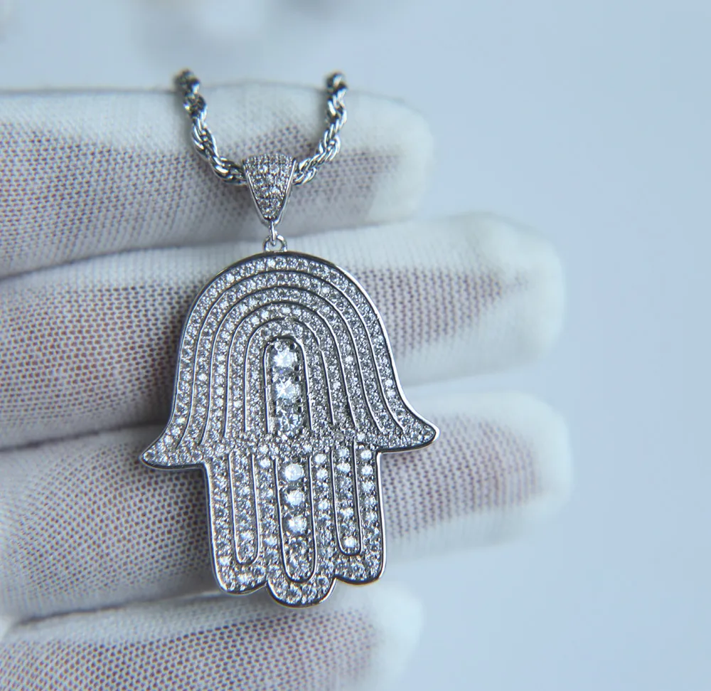 mens lucky hamsa hand pendant necklace hip hop Rock style Full cubic zirconia 24" rope chain silver gold plated cz men necklace