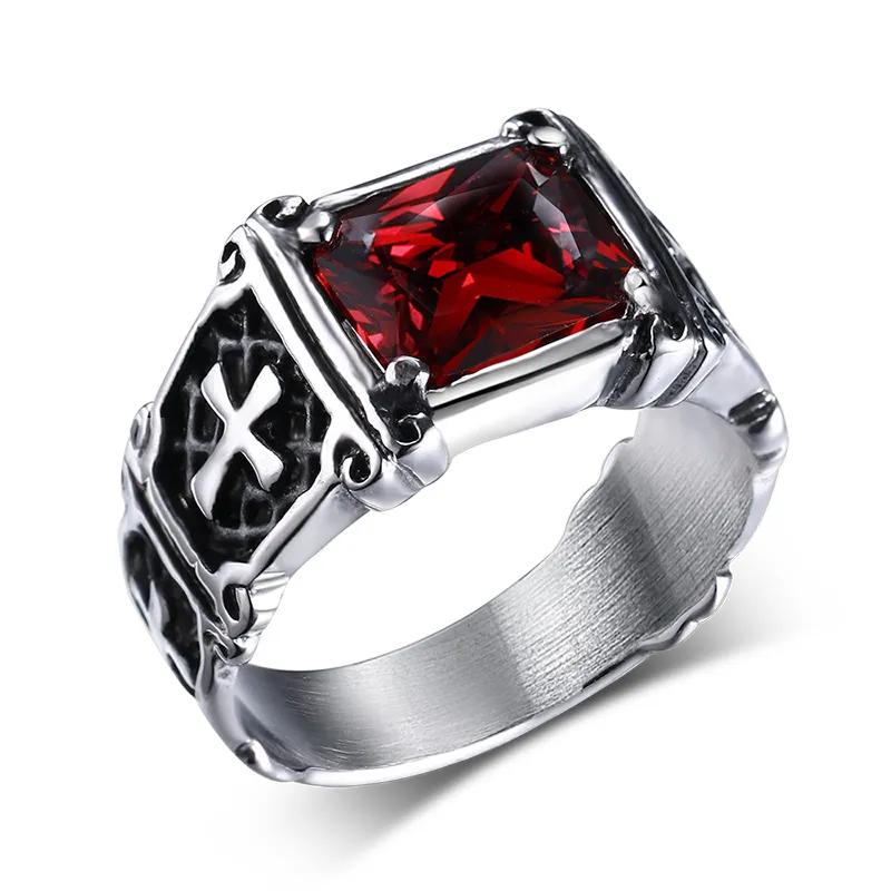 Mrainbow Vintage herenringen roestvrij staal rood groot kristal Dragon Claw Cross Ring Band Gothic Biker Knight Punk sieraden