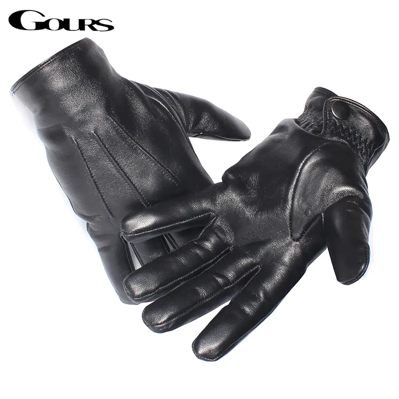 Wholesale-Gours Men's Genuine Leather Gloves Real Sheepskin Black Touch Screen Gloves Button Fashion Winter Warm Mittens New GSM050