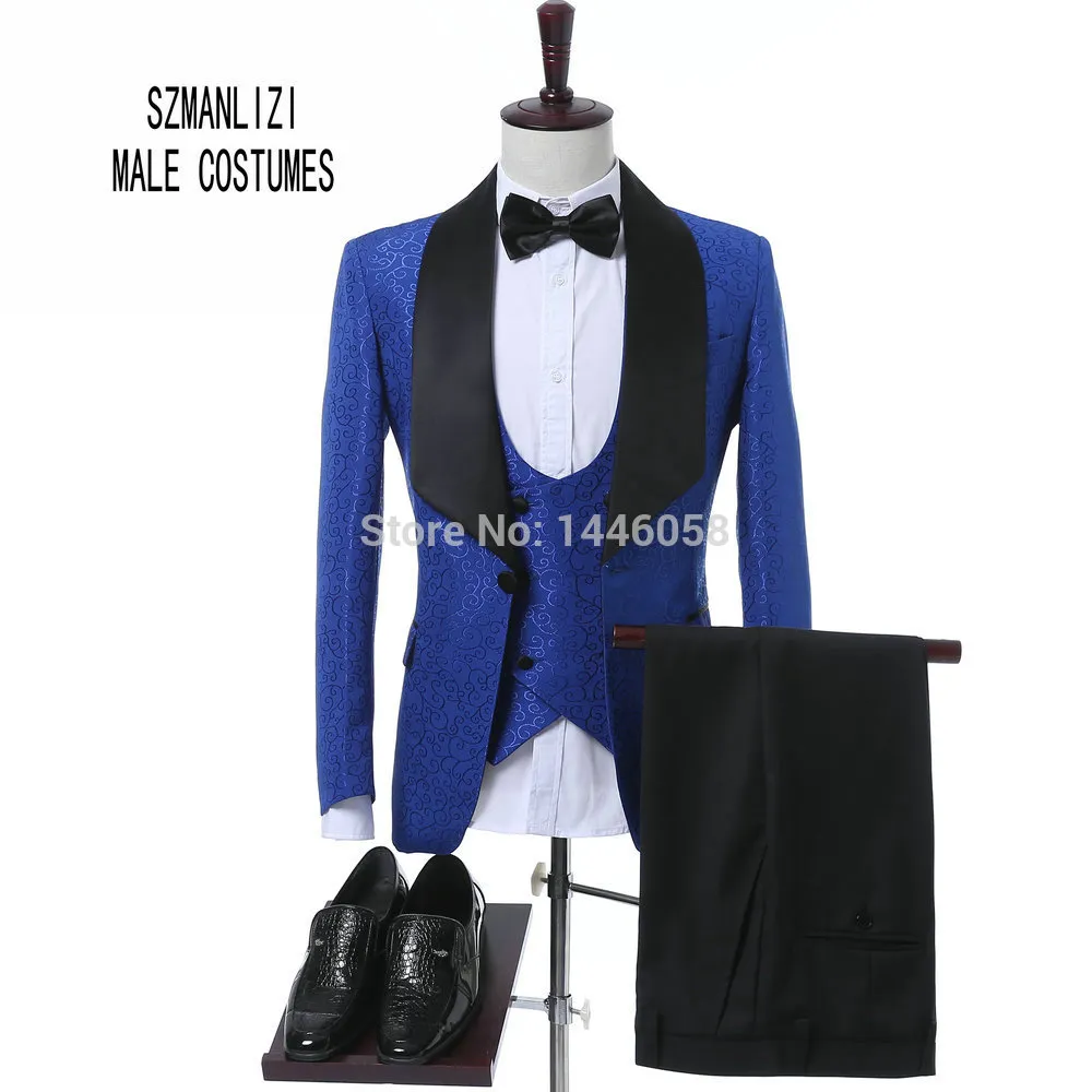 2017 Ultimo Cappotto Mutanda Design Classico Royal Blue Flower Abiti da sposa per uomo Best Man Blazer Abito da sposo Smoking Prom Abiti da festa