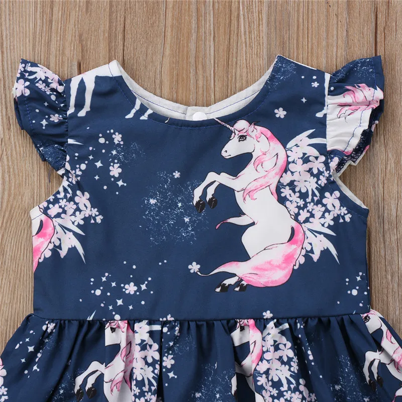 2018幼児の服女の赤ちゃんの服のラウンドネックフローラルユニコーンドレス夏のノースリーブの青いドレス女の子服かわいい子供のドレス1-6Y
