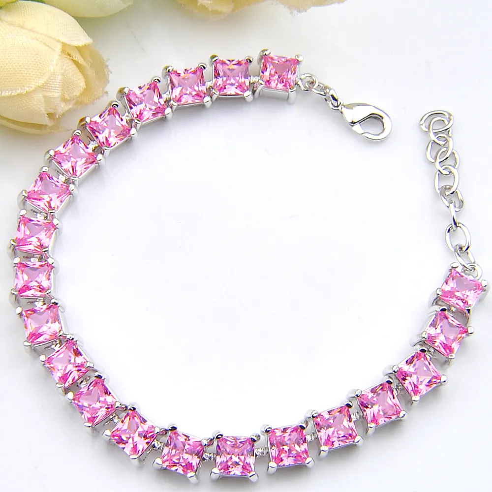 luckyshine clássico rosa kunzite gemas para mulheres quadrados cubic zirconia cadeia braceletes rússia austrália braceletes pulseira grátis shippin grátis