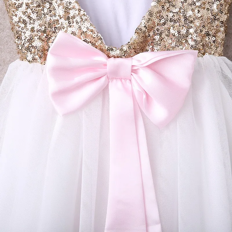 Summer Girls Dress Sequins Golden Backless Bow Dress Baby Kids Clothes Princess Wedding Dresses Children Dress