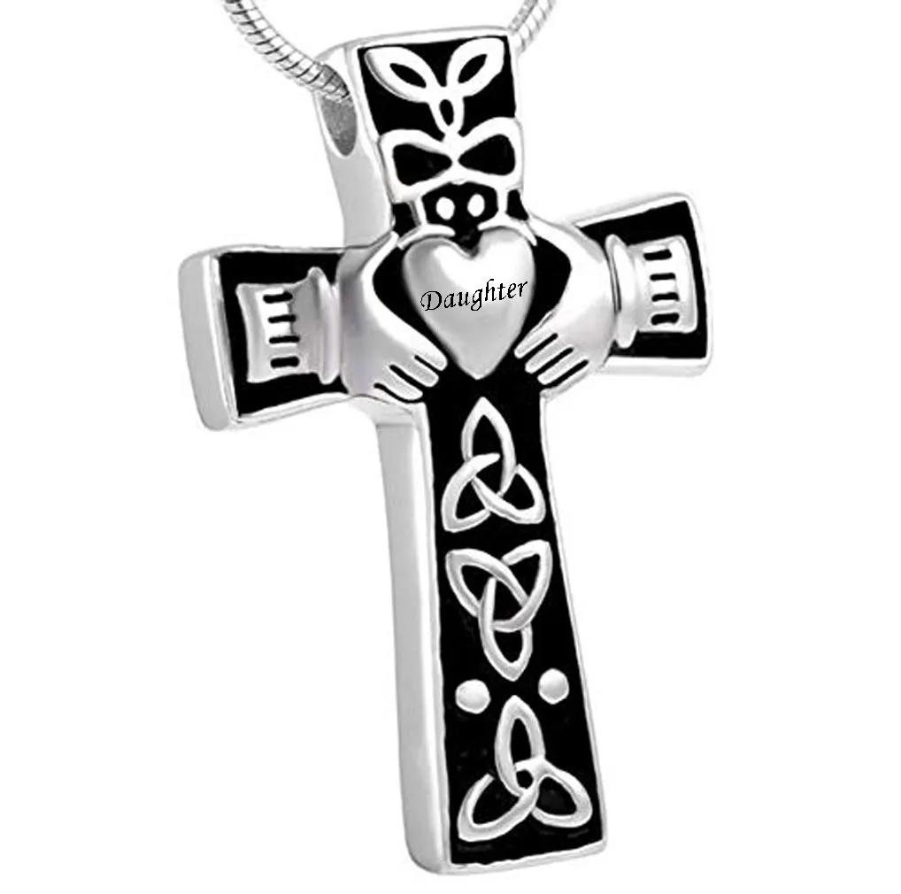 Mode Feuerbestattung Schmuck Kreuz Celtic Claddagh Asche Halter Andenken Urn Edelstahl Anhänger Halskette Asche Souvenir