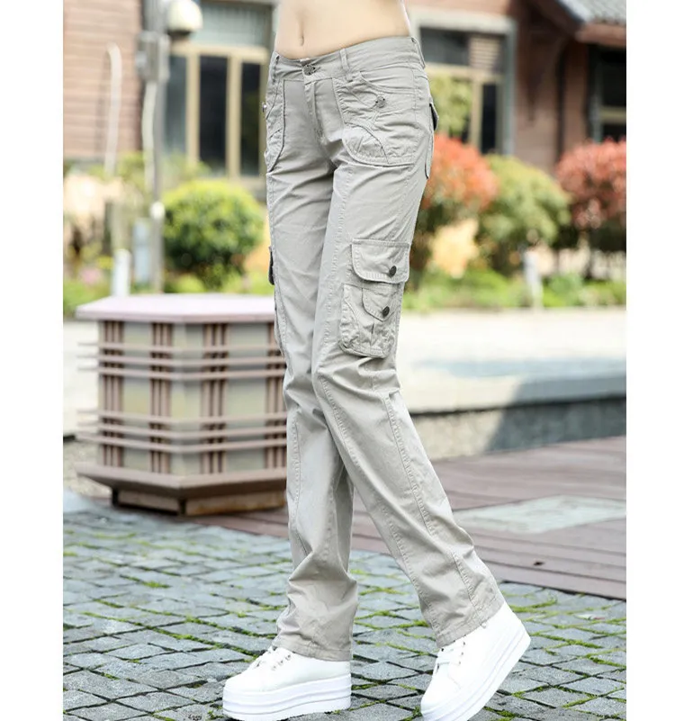 Militär 100% bomullslastbyxor Kvinnor Lösa kamouflagebyxor Kvinnor Sommar Casual Baggy Pants Ladies Black Khaki Capris