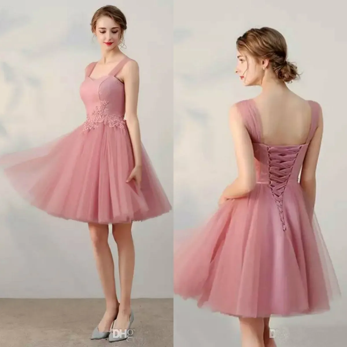 2019 Vestidos de fiesta cortos de color rosa Correas transparentes Apliques de encaje Vestido de dama de honor de tul Vestidos de fiesta por encargo Vestidos de fiesta formales