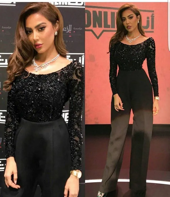 Yousef Aljasmi 2018 Charme Preto Macacões Prom Dresses Mangas Compridas Contas Brilhantes Vestidos de Noite Mulheres Formais Jumpsuit