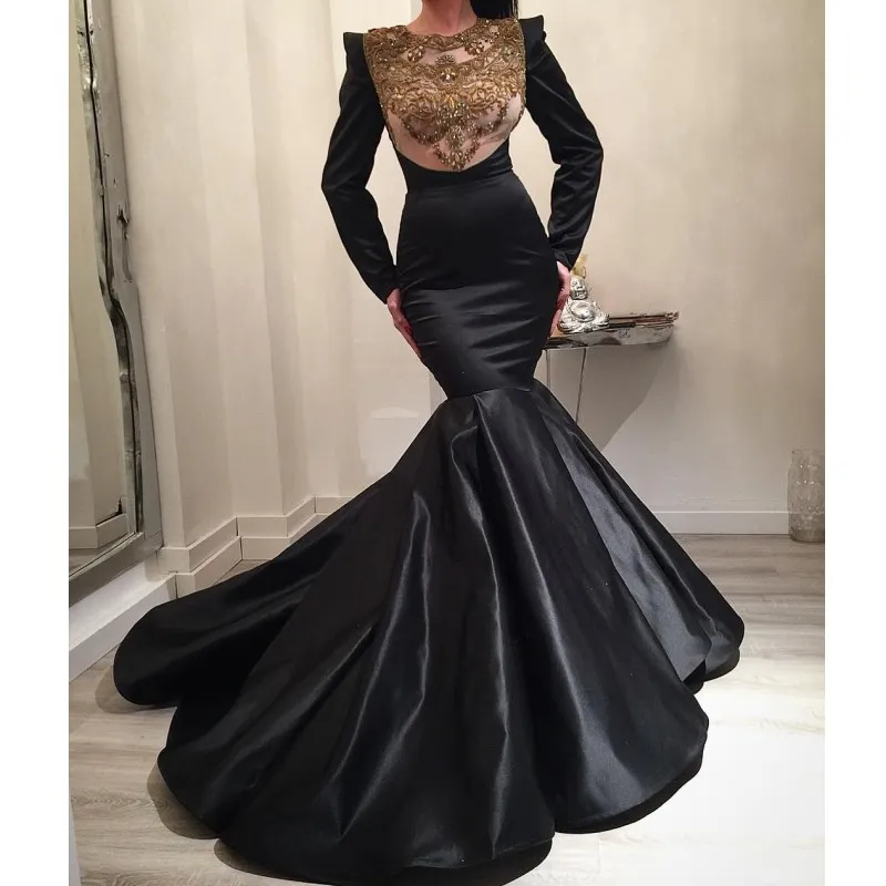 Glamorous Black Mermaid Prom Dresses Golden Apple Crystal Jewel-Neck Z Długim Rękawem Satin Mermaid Party Sukienka Urocze Saudyjskie Suknie Wieczorowe