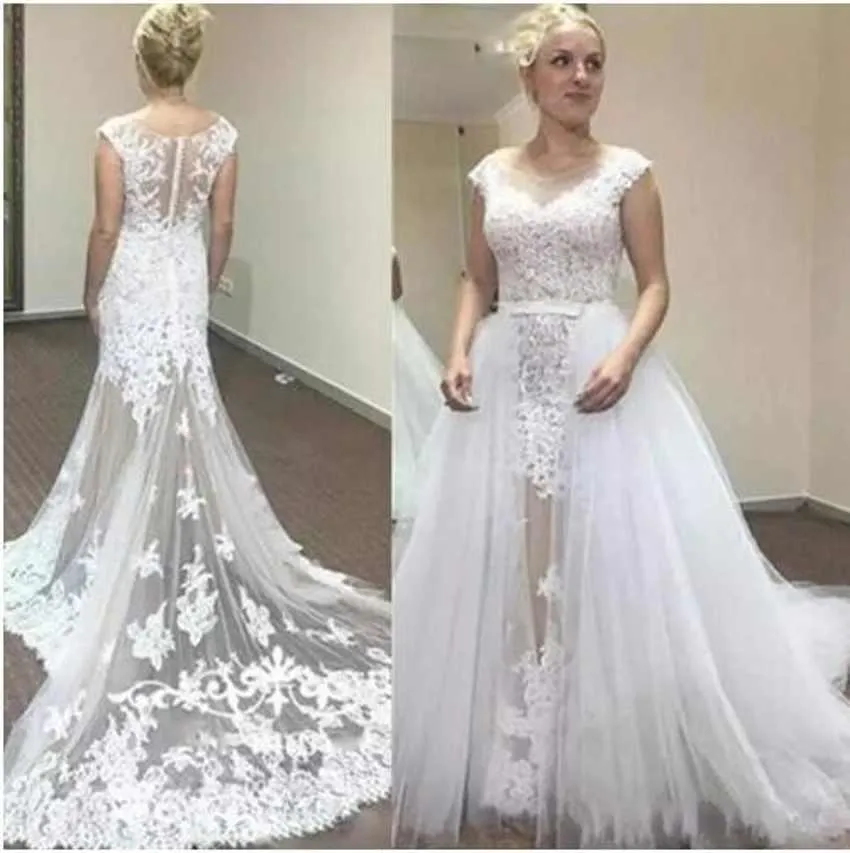 Customized Size White Sexy Wedding Dresses Scoop Neck Detachable train Sleeveless Lace Appliques Long Tail Charming Wedding Gowns