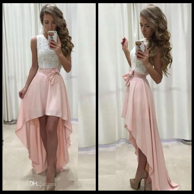 2020 Cheap High Low Prom Dress Jewel Neck Sleeveless Lace Top Blush Pink Short Front Long Back Homecoming Prom Dresses Evening Party Gowns